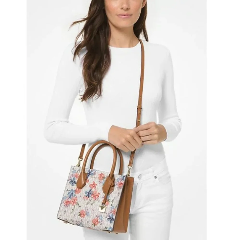 Like New MICHAEL KORS MERCER MEDIUM FLORAL LOGO ACCORDION CROSSBODY BAG